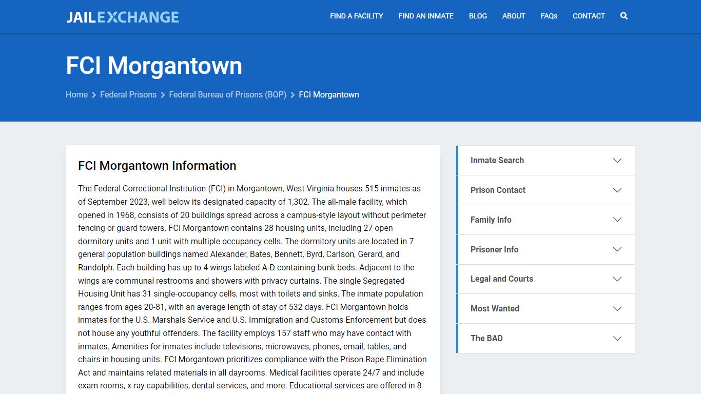 Federal Inmate Search - FCI Morgantown - Jail Exchange