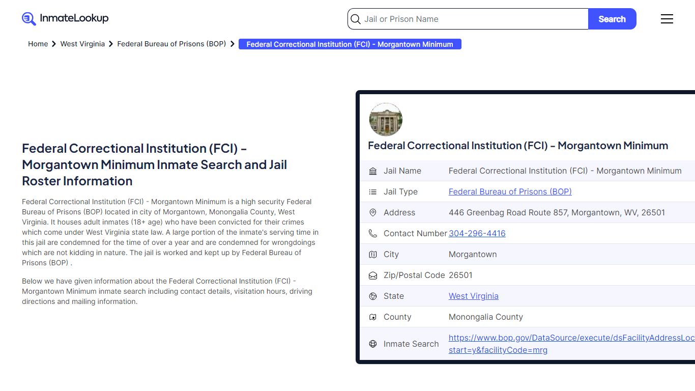 Federal Correctional Institution (FCI) - Morgantown Minimum Inmate ...