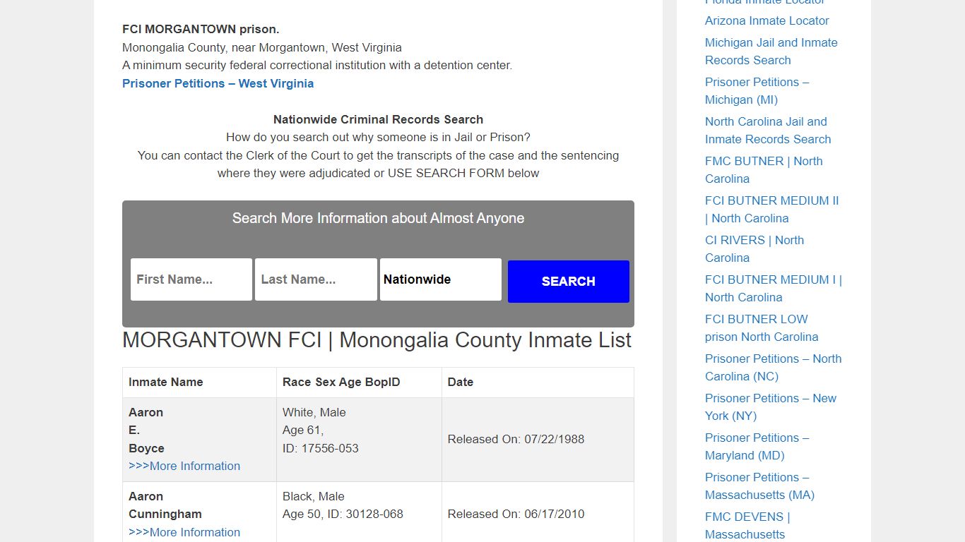 MORGANTOWN FCI | Monongalia County – Inmate Releases